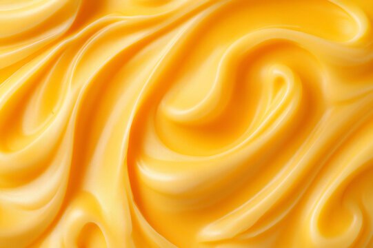 Close up of melted cheddar cheese with smooth texture and vibrant yellow hue. Perfect for food projects with copy space for creativity