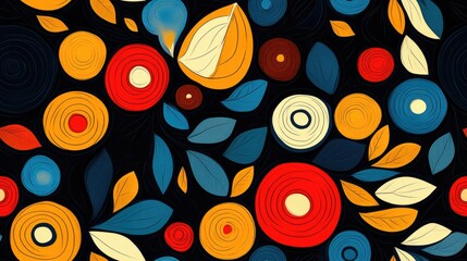 Fototapeta premium Seamless pattern of vibrant abstract shapes featuring circles lines and leaves for modern textile design