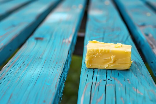 Piece of butter on a blue wooden table
