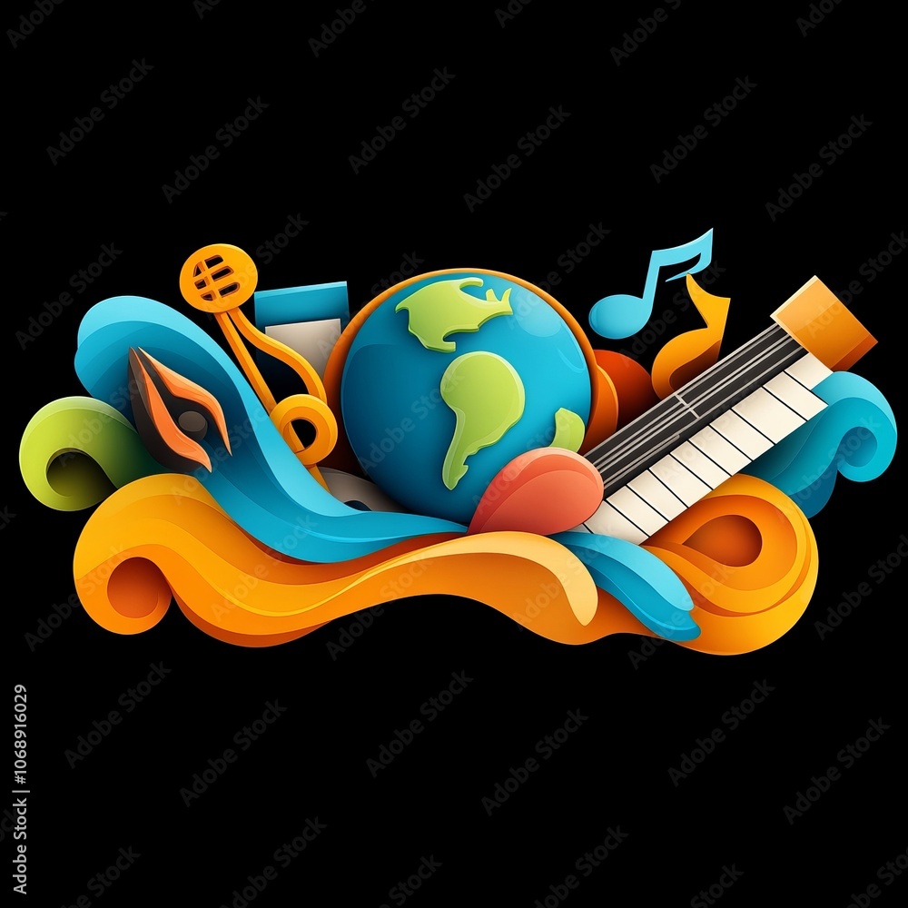 Poster global music abstract design with earth notes and instruments