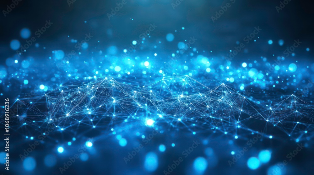 Poster A digital representation of interconnected nodes and particles in a cosmic setting.