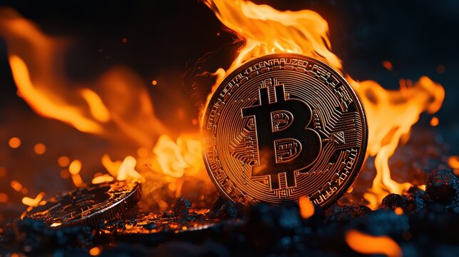 Bitcoin engulfed in fiery flames witness the detailed melting effect of cryptocurrency under extreme heat