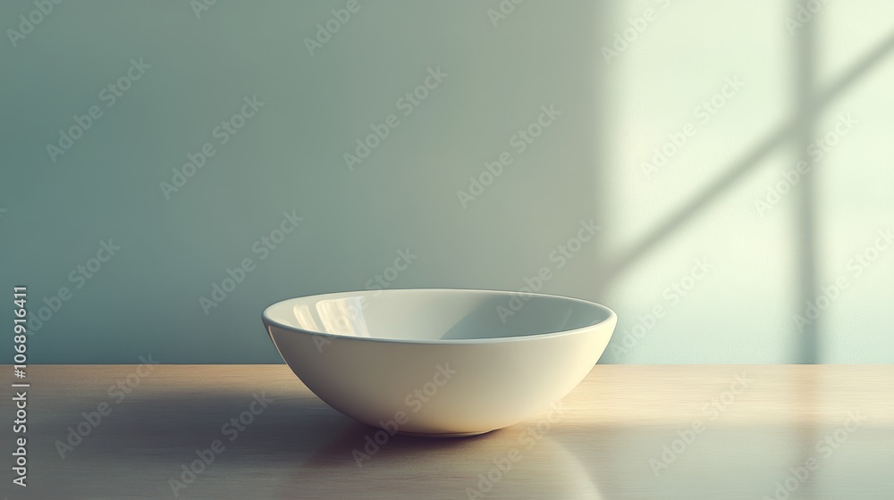 Aufkleber Empty white bowl on a table in soft light with a shadow from a window.