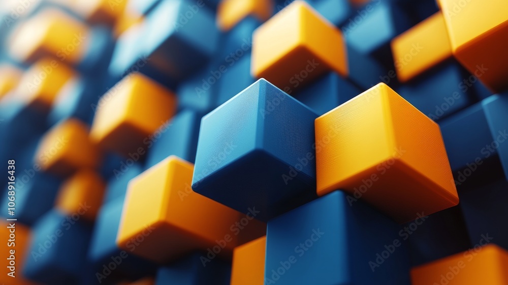 Poster abstract composition of blue and orange cubes, close-up view. modern geometric pattern and technolog