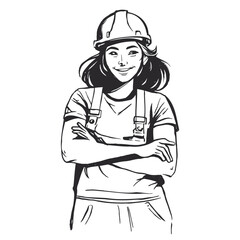 Girl worker wearing a safety helmet and overalls with their arms crossed