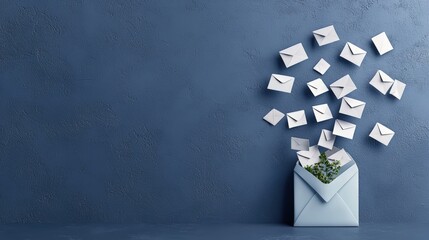 Envelope with flying letters on blue background