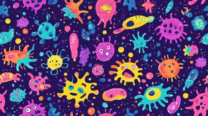 Colorful seamless pattern featuring playful bacteria and immune activation symbols ideal for educational materials in science and healthcare