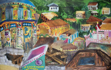 Roman Empire urban buildings original painting panorama landscape. Sanctuary, temple, mansion, residential district house, roofs.