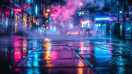 Obraz premium Empty nighttime street scene, neon lights reflecting on wet pavement and smoke-filled atmosphere; abstract and mysterious. 