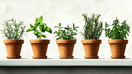 Obraz premium Herb plants in pots on a kitchen countertop
