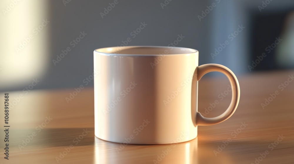 Aufkleber a simple white mug on a wooden table with sunlight reflecting on the surface.