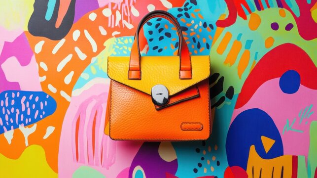 A bright orange and yellow handbag with a brown leather handle sits on a background of colorful abstract shapes.
