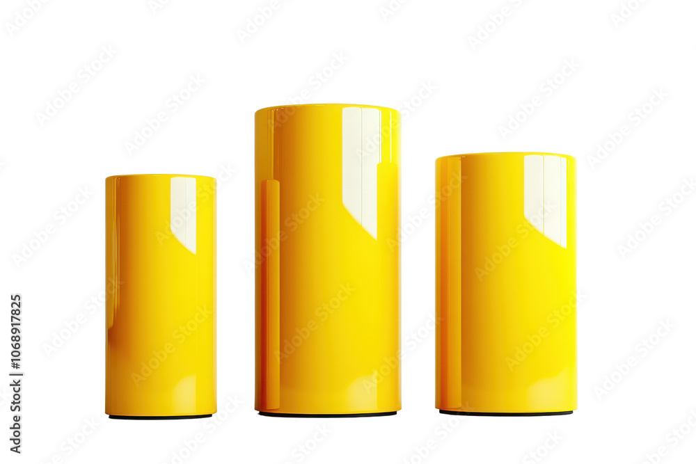 Poster three shiny yellow cylinders arranged in ascending order, perfect for abstract designs or data visua