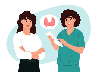 Endocrinologist deal with the diagnosis and treatment of the human thyroid. Thyroid awareness month is every year in January. Vector illustration in flat style