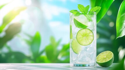 Refreshing Gin and Tonic with Lime and Mint in Tall Glass Against Green Garden Background