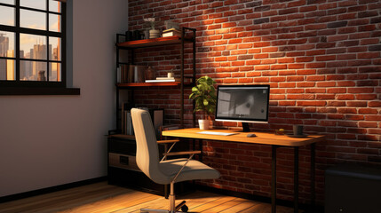 Modern Home Office with Sunlit Brick Wall Ambience