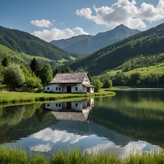 Fototapeta premium Rustic White Farmhouse by a Mountain Lake