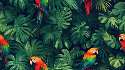 Obraz premium Watercolor seamless pattern featuring vibrant parrots surrounded by lush tropical leaves perfect for summer themed decor and exotic jungle wallpaper