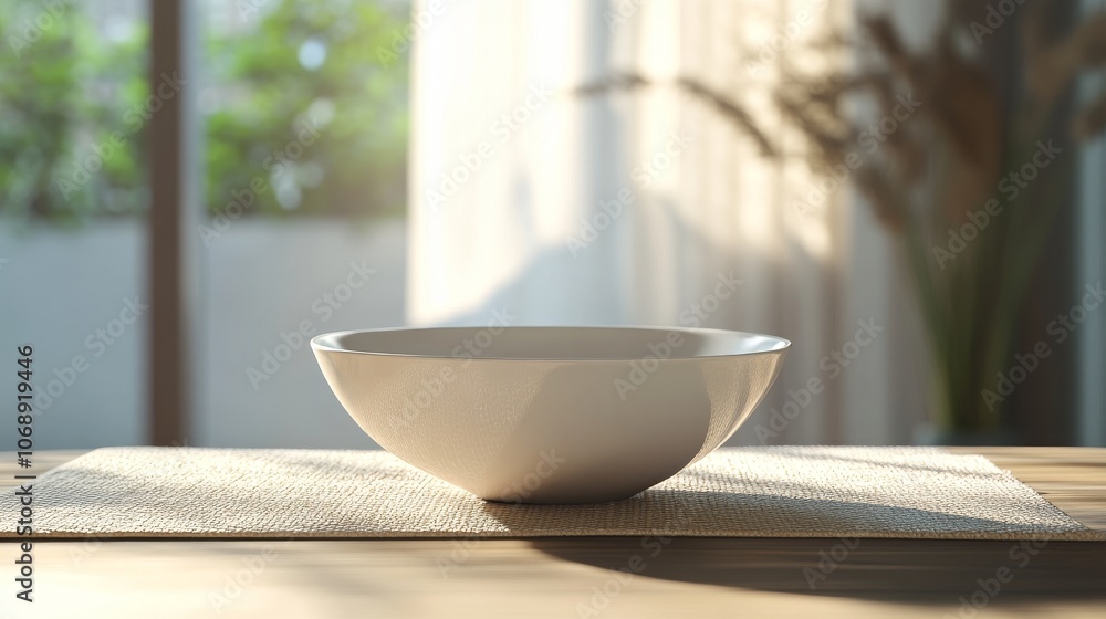 Poster white ceramic bowl on a wooden table in front of a window with sunlight streaming in.