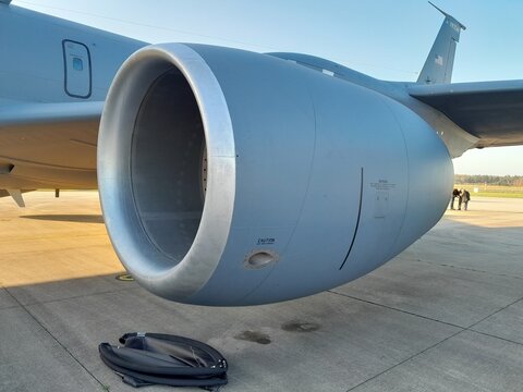 close up of a CFM56 jet engine under the wing of a Boeing KC-135 tanker aircraft