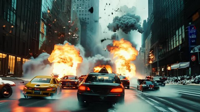 Amidst towering skyscrapers, vehicles race through urban streets while powerful explosions rock the cityscape, igniting a thrilling sense of urgency and peril for all involved.