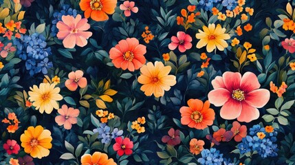 Obraz premium Seamless watercolor floral pattern featuring vibrant blooms ideal for wallpaper or fabric design