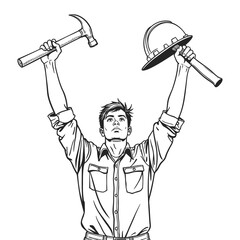Illustration of Joyful Builder with Tools Held High