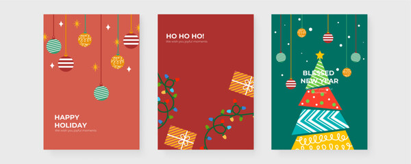 Festive Holiday Cards With Christmas Ornaments. Set of four holiday cards featuring Christmas ornaments and festive decorations. Perfect for celebrating the joyful moments of the season