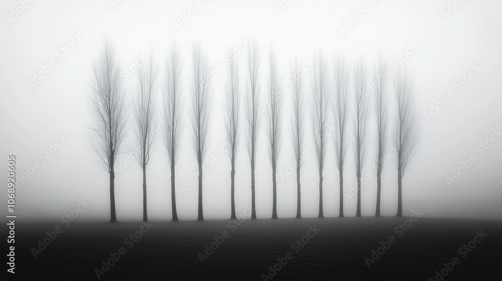 Poster a row of trees are lined up in a field, with the sky in the background