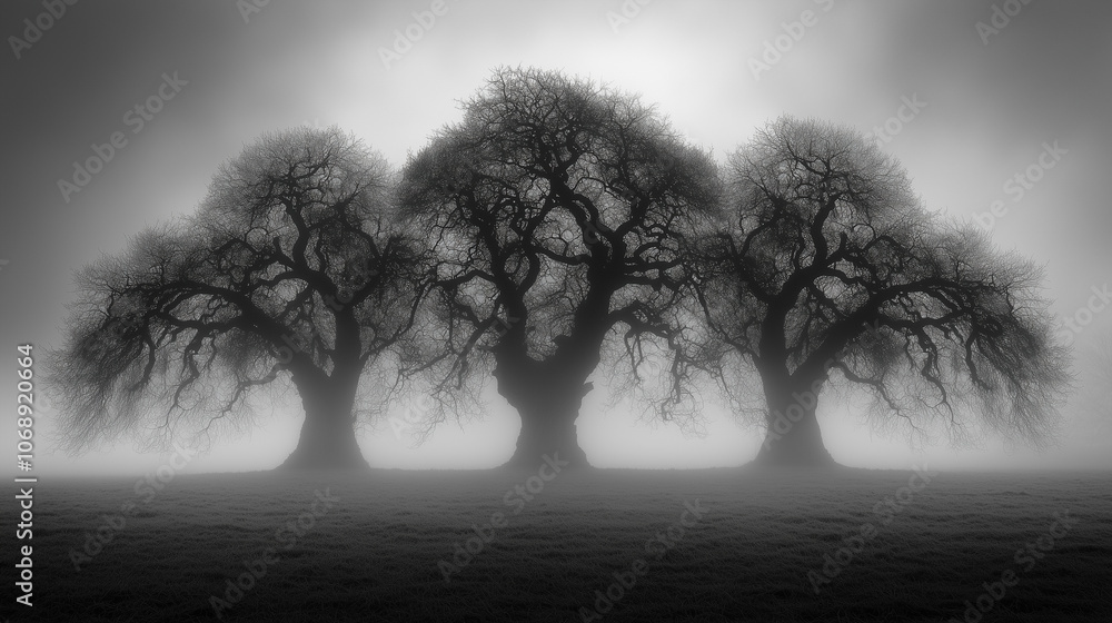Aufkleber three trees are standing in a field with foggy weather