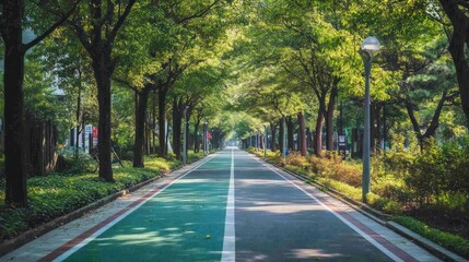 Fototapeta premium A serene tree-lined pathway with green bike lanes, inviting leisure and nature walks.