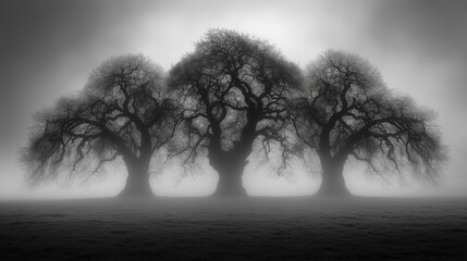 Three trees are standing in a field with foggy weather