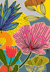 Abstract flowers, plants, floral, nature hand drawn vector illustration. Aesthetic modern nature background for interior, cover, poster, pattern, textile and fabric.