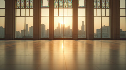 Obraz premium A large room with a view of a city skyline