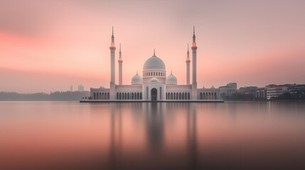 A domed mosque sits by a lake at sunset