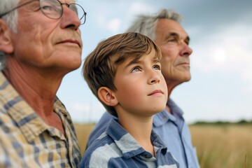 Fototapeta premium Three generations of family gazing towards the sky in an open field during a summer afternoon