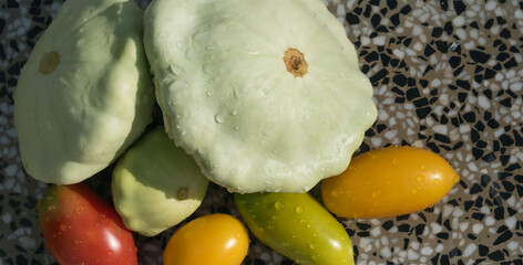 Still life of ripe vegetables against the background of nature