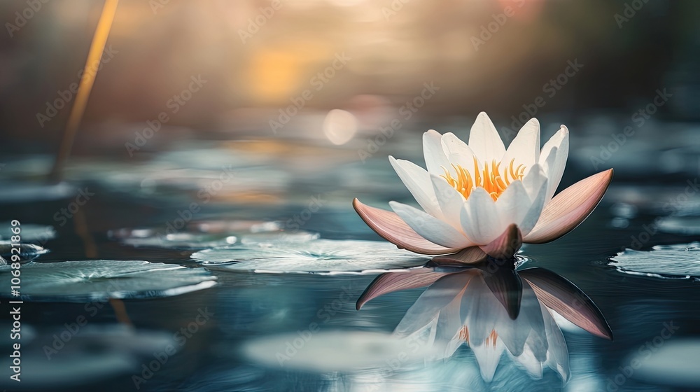 Poster lotus flower elegantly floating on the water, creating a beautiful reflection. this serene scene of 