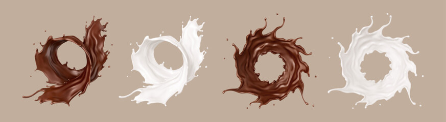 Milk and chocolate splashes. Splash milk and melted brown choco. Realistic vector illustration
