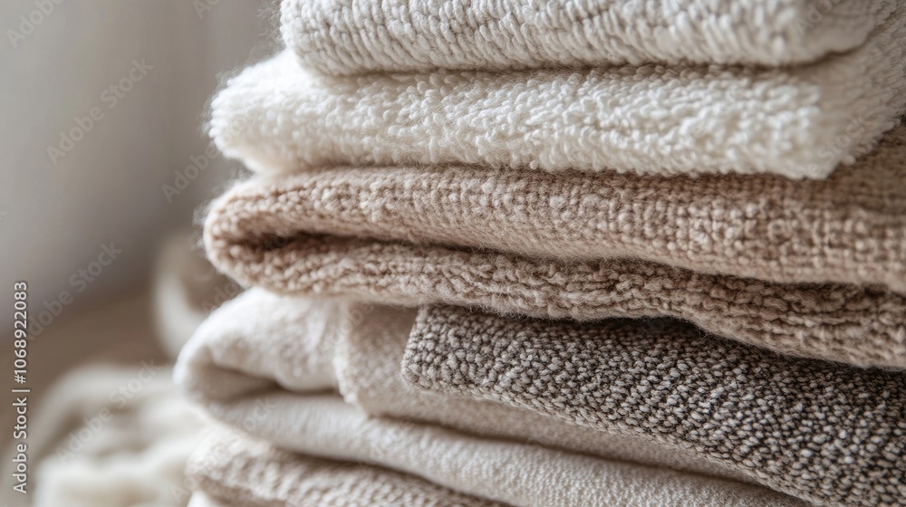 Poster close-up of a stack of cotton towels in soft neutral tones, arranged neatly on a flat surface, perfe