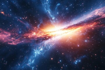 A vibrant nebula with red and blue hues explodes outward in a burst of energy. The scene is filled with stars and a cosmic glow.