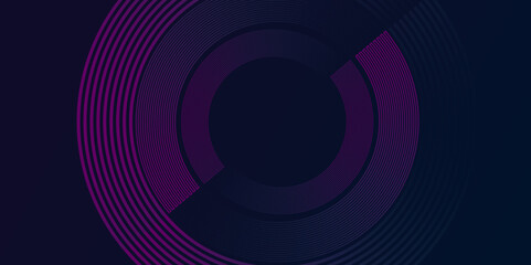 Abstract glowing circle lines on dark blue background. Geometric stripe line art design. Futuristic technology concept. Horizontal banner template. vector background, backdrop, graphic, tech.