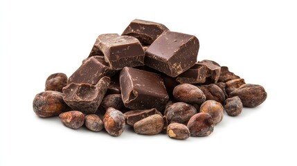 Obraz premium Delicious chocolate bar pieces alongside cocoa beans create an enticing composition on a white background, highlighting the richness of chocolate in this delectable image.