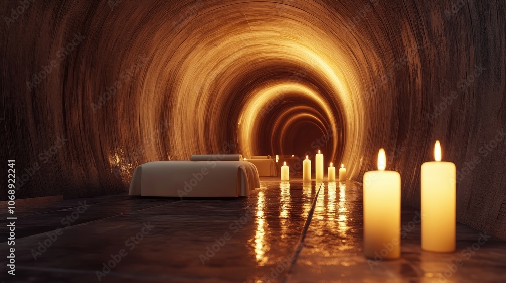 Poster candles create a mystical atmosphere in a serene spa tunnel, enhancing relaxation and tranquility. t