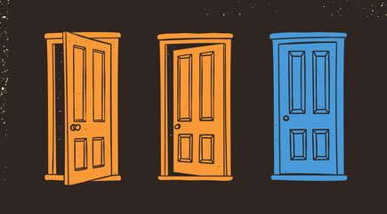 Front view of open, closed, slightly open, ajar Doors set. Dark space behind the door. Opportunity, new possibilities, phobia, fear concept. Hand drawn Vector illustration. Isolated design elements