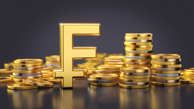 Swiss franc symbol with gold coins on dark background