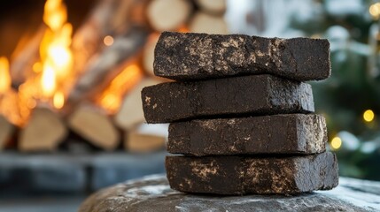 Stacked peat briquettes, an eco-friendly alternative fuel, are ideal for heating. These peat briquettes provide an efficient solution for warmth and energy needs with ample photo space.