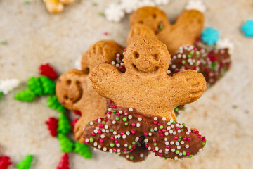 Gingerbread man ginger cookies christmas party delicious dessert christmas treat fresh delicious gourmet food background on the table rustic copy space top view