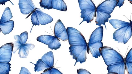 Seamless pattern featuring Color Morpho butterflies elegantly spread across a pure white background ideal for textile and wallpaper design