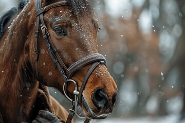The chestnut horse, adorned with a leather bridle, gazes peacefully, surrounded by softly falling snowflakes in a serene winter setting